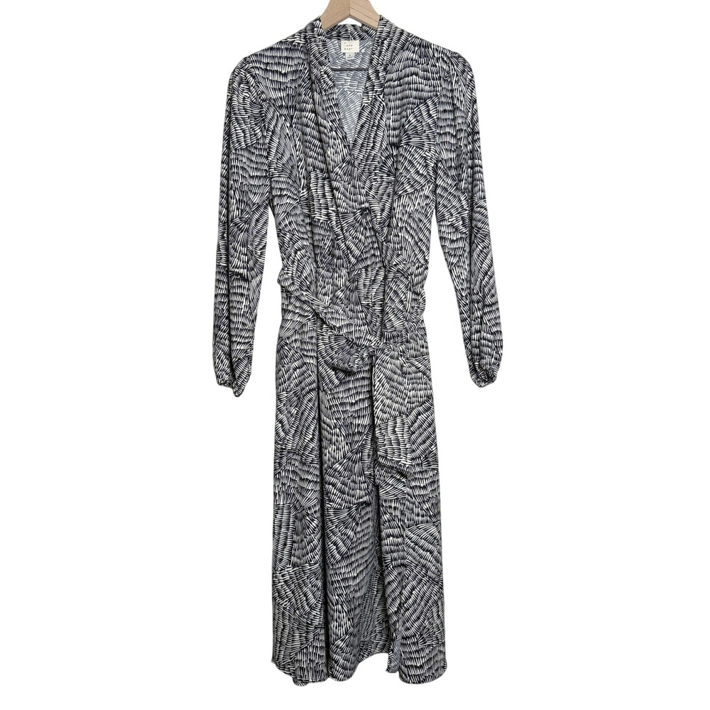 A New Day Womens Wrap Dress M Black Abstract Belted Office Minimalist Brunch